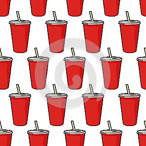 Pattern with disposable red soda cup with straw for poster, menus, brochure, web fast food business.