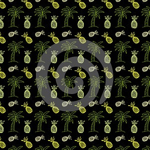 Pattern in doodle style linear palm,  pineapple on a black backgroun Seamless pattern with palm trees, pineapples,