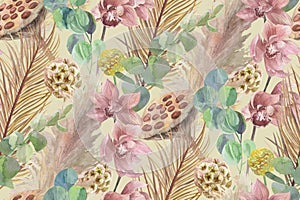 pattern with dried flowers herbarium with orchid flower and dry palm branches in boho style on beige backdrop