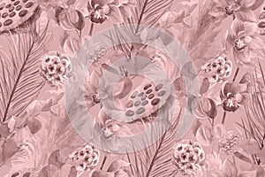 pattern with dried flowers herbarium with orchid flower and dry palm branches in boho style in pink shades