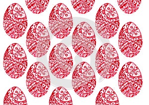 Pattern of Easter eggs filled with ornament. Red color on a white background. Linocut.