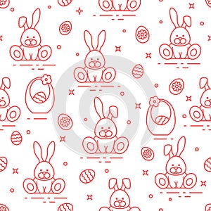 Pattern with Easter rabbits, eggs, baskets