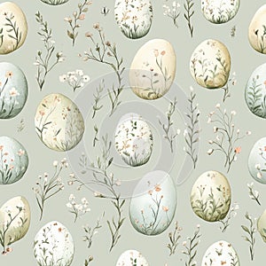 A pattern of eggs and flowers is displayed on a light blue background