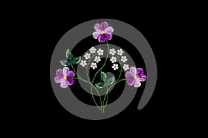 Pattern for embroidery with satin stitch bouquet of purple violets and twigs with white small flowers on black background