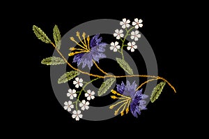 Pattern for embroidery wavy sprig with purple cornflowers and delicate white flowers on black background