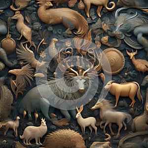 A pattern of fantastical creatures from various mythologies, brought together in a harmonious design2 photo