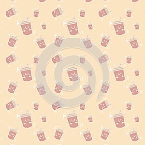 Seamless pattern with Doodle cup with smiling face
