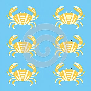 Cheerful pattern featuring yellow crabs on a light blue background.