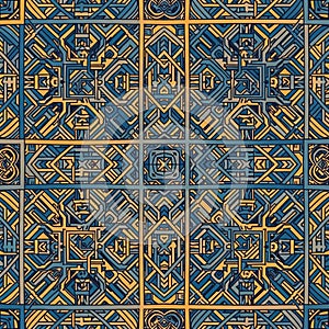 Pattern featuring interlocking shapes and lines in shades of blue,