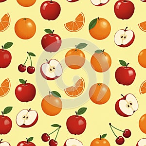 Pattern featuring vibrant fruit illustrations on a light yellow background. Includes red