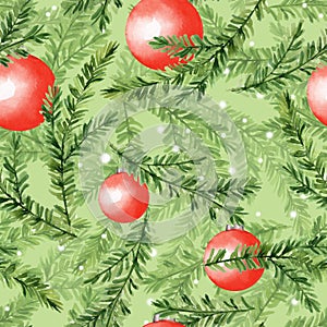 Pattern with fir tree branches and christmas balls