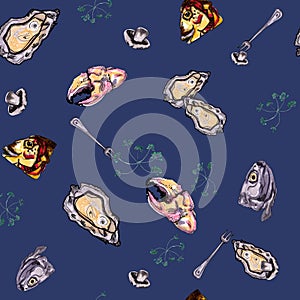 Pattern fish, crab claws, dill, oysters, spoons on a blue background