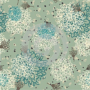 Pattern with flowers on color celadon. Hand drawn