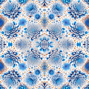 Rapport seamless of blue flowers with relief for pattern in white background. Generative AI. Pattern mirrored repeat duplicates photo