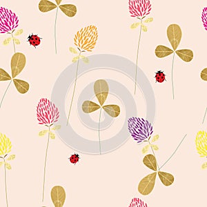 Pattern with flowers and leaves of clover, as well as with insects, Botany. Seamless pattern for Wallpaper, web page background