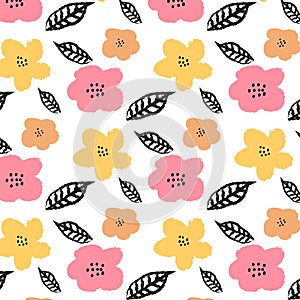 Pattern with flowers and leaves on white background. Hand drawn fabric, gift wrap, wall art design.