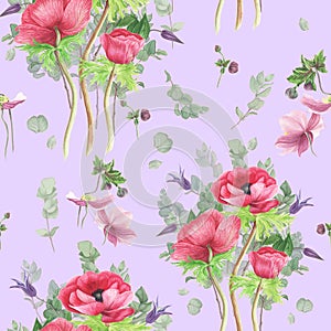 Pattern with flowers: pink anemones, clematis and branches eucalyptus, watercolor painting