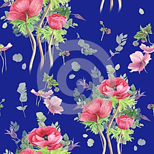 Pattern with flowers: pink anemones, clematis and branches eucalyptus, watercolor painting