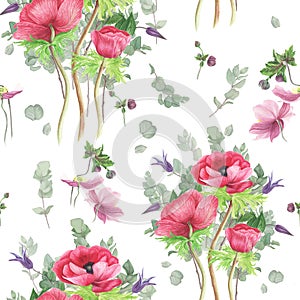 Pattern with flowers: pink anemones, clematis and branches eucalyptus, watercolor painting