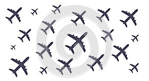 Pattern of flying airplane icons on white background a symbol of organized flight