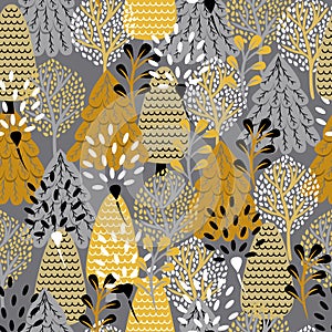 Pattern of forest plants, used gray and brown colors, vector illustration