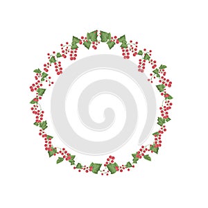 Pattern in the form of a wreath with red currant berries on the branches and green leaves.