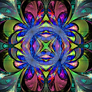 Pattern from fractal Flowers. Darkblue, green and purple palette photo