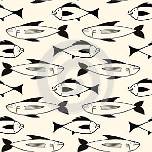 Pattern of Freaky quirky fishes in modern doodle style. Vector illustration