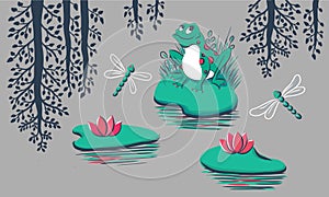 Pattern with frog, water lily, dragonfly, tree reflection on grey background