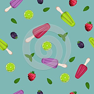 Pattern with fruit and Mexican Paletas ice cream on blue background.