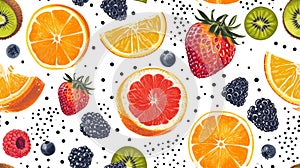 A pattern of a fruit and vegetable seamless design with oranges, kiwis, strawberries, AI