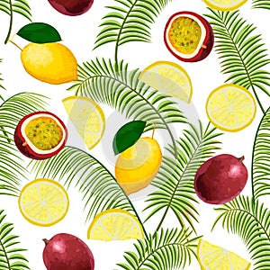 Pattern of fruits and palm leaves.