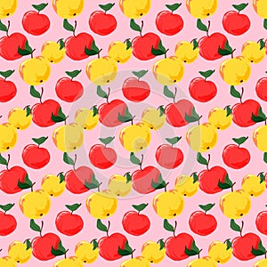 Pattern with fruits - yellow and red apples. Fruit garden. Vector on a pink background.