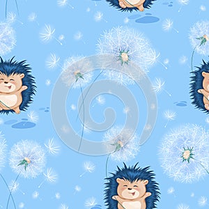 Pattern with funny blue hedgehog and white summer dandelions.