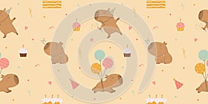 Pattern with funny capybaras and birthday cakes