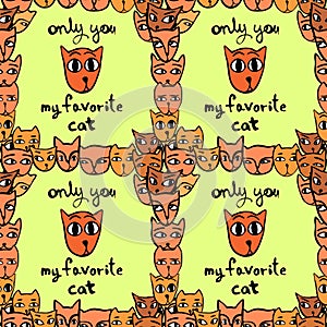 Pattern with funny cats in yellow and orange colors. Vector imag.