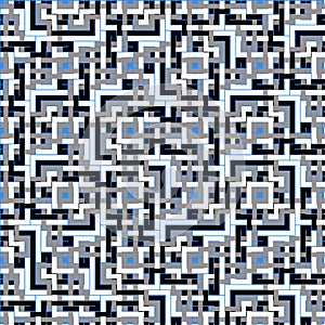 Pattern with geometric random shapes, squares checks, maze lines, stripes.