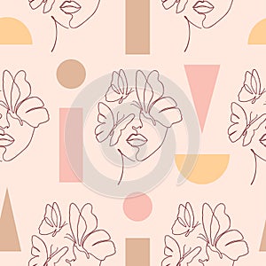 Pattern with geometric shapes and abstract woman face.