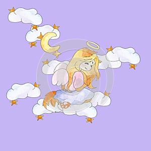 Pattern Girl chanterelle wolf angel with wings and a halo on a blue background, clouds, stars and a month, night. Watercolor and