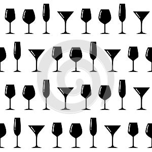 Pattern with glasses silhouettes.Endless background with alcohol drink goblets.Holiday backdrop with simple logos.Icon`s
