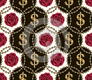 pattern with gold beads, dollar sign, red roses