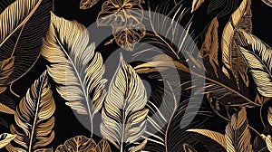 pattern with gold and black tropical leaves on a dark background. background for cosmetics, spa, textile
