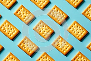 Pattern of golden baked rectangular crackers arranged diagonally on a vibrant blue background with soft shadows for a minimalist
