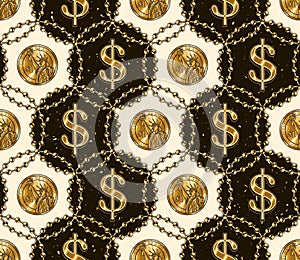 Pattern with golden dollar sign, one dollar coins