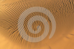 Pattern of golden sand on a beach in the summer. The textured surface of sand on the beach after a strong wind in the form of wave