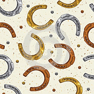 Pattern with golden, silver, rusty horseshoes
