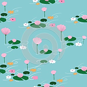 Seamless blue pond with flowers and lily pads pattern. Girly lake pattern. Stylish repeat vector pattern