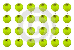 Pattern green apple juicy ripe fruit endless row on a white background, symmetrical light base