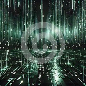Pattern of green binary code numbers falling in an organized flow, creating digital waterfall effect