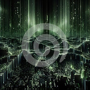 Pattern of green binary code numbers falling in an organized flow, creating digital waterfall effect